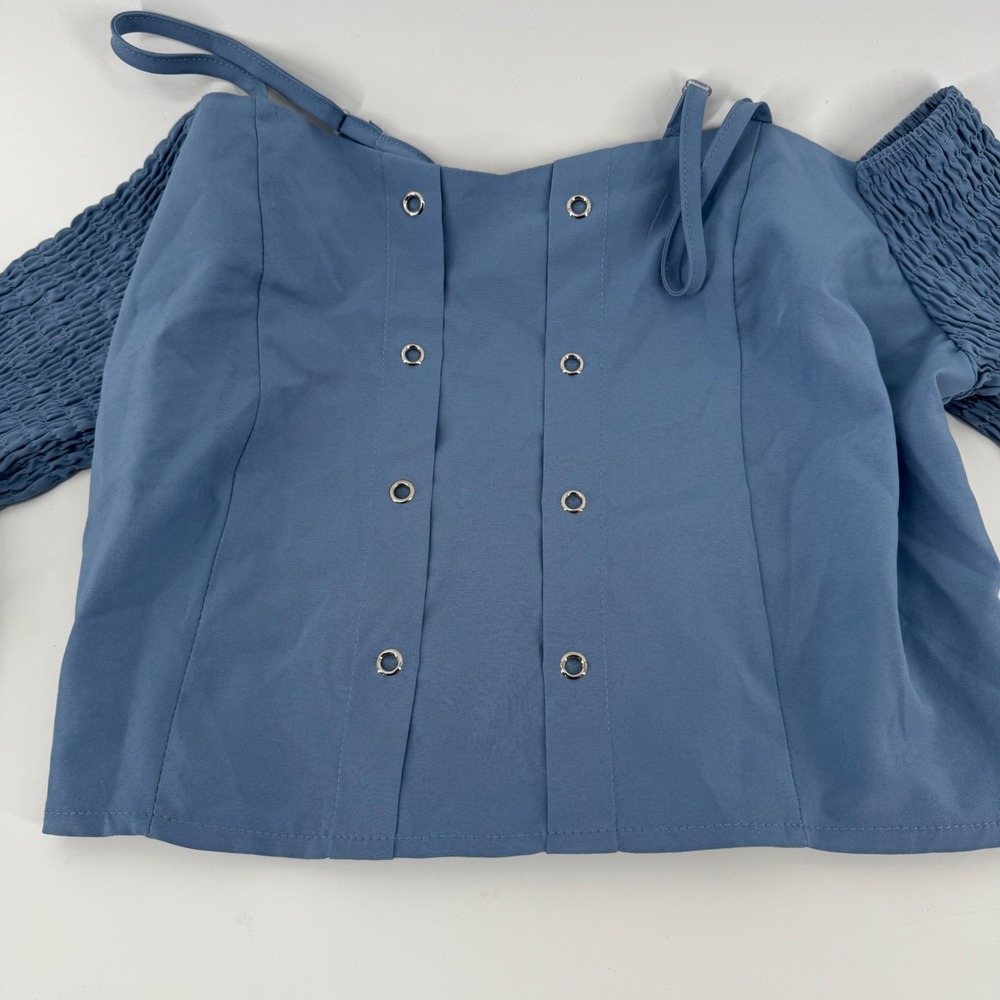 Boho Off Shoulder Bell Sleeve Smocked Crop Top Blue Grommet Detail Babydoll M - Picture 2 of 9